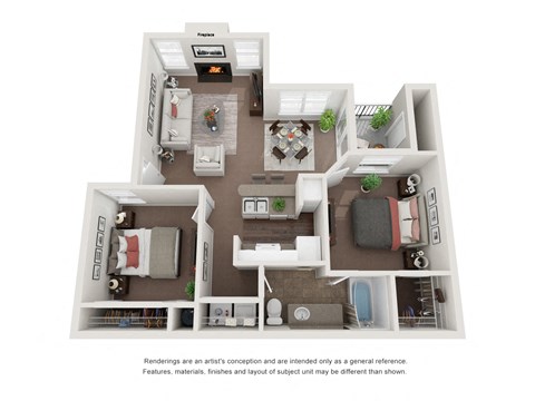 2 Bedroom 1 Bath 3D Floor Plan Millwood B1